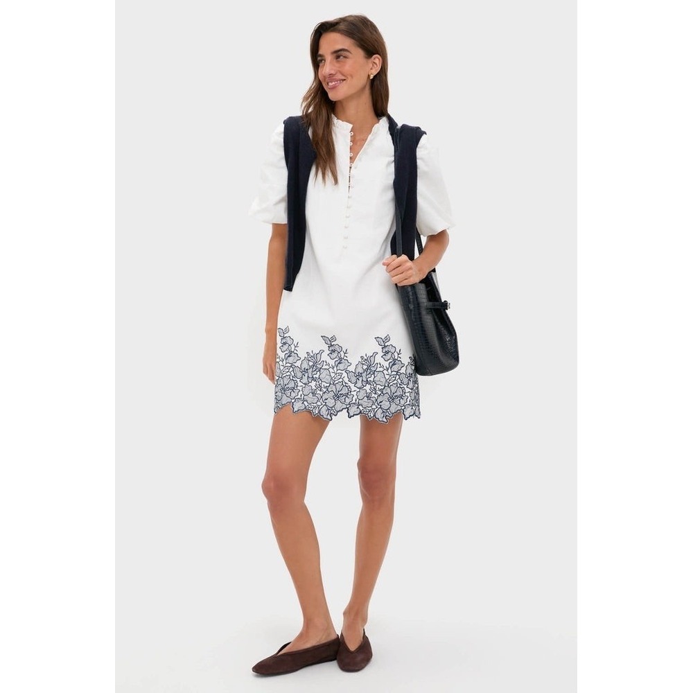 HYACINTH HOUSE Mimi Mini Dress White with Navy Embroidery Size XS NWT